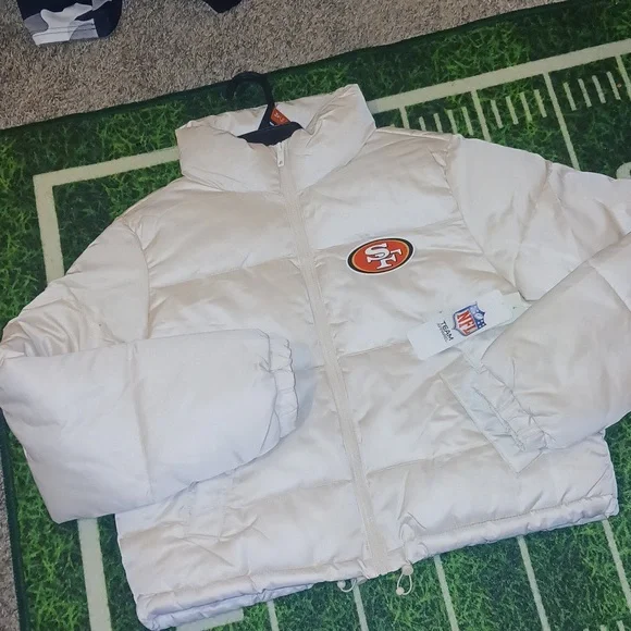 San Fransisco 49ers Womens Crop Top Women's White Puffer Full Zip Jacket Winter - Picture 3 of 4